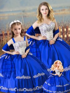 Satin Sweetheart Sleeveless Lace Up Beading and Embroidery Quinceanera Dress in Royal Blue
