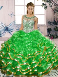 Traditional Green Organza Lace Up Quinceanera Gowns Sleeveless Floor Length Beading and Ruffles
