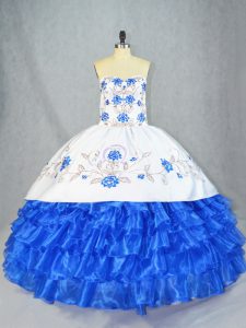Blue And White Sleeveless Embroidery and Ruffled Layers Asymmetrical Quinceanera Dress