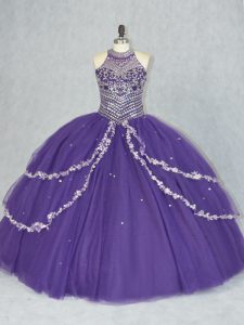 Sleeveless Tulle Floor Length Lace Up Sweet 16 Dresses in Purple with Beading