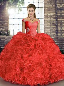 Attractive Coral Red Lace Up Off The Shoulder Beading and Ruffles Ball Gown Prom Dress Organza Sleeveless