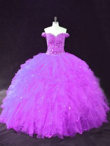 Pretty Purple Sleeveless Beading and Ruffles Floor Length 15 Quinceanera Dress