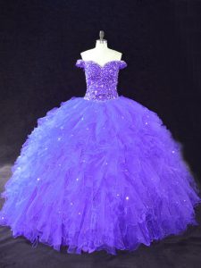 Ball Gowns Quinceanera Dresses Purple Off The Shoulder Tulle Sleeveless Floor Length Lace Up
