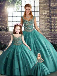 Sleeveless Tulle Floor Length Lace Up Sweet 16 Dress in Teal with Beading and Appliques