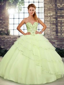 Yellow Sleeveless Tulle Brush Train Lace Up Vestidos de Quinceanera for Military Ball and Sweet 16 and Quinceanera
