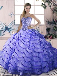 Sleeveless Beading and Ruffled Layers Lace Up Vestidos de Quinceanera with Lavender Brush Train