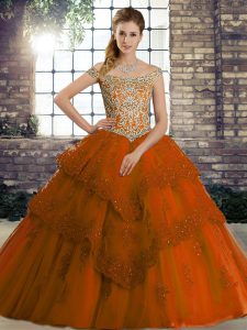 Off The Shoulder Sleeveless Tulle Quince Ball Gowns Beading and Lace Brush Train Lace Up