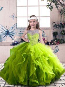 Olive Green Tulle Lace Up Winning Pageant Gowns Sleeveless Floor Length Beading and Ruffles