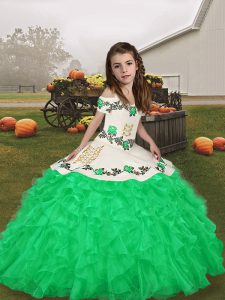 Fashionable Green Ball Gowns Organza Straps Sleeveless Embroidery and Ruffles Floor Length Lace Up Little Girls Pageant Dress Wholesale