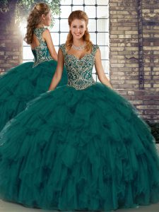Flare Floor Length Lace Up Sweet 16 Quinceanera Dress Peacock Green for Military Ball and Sweet 16 and Quinceanera with Beading and Ruffles