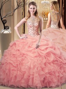 Latest Peach Quince Ball Gowns Sweet 16 and Quinceanera with Beading and Ruffles Scoop Sleeveless Zipper