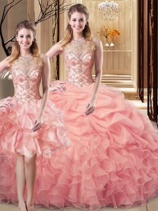 Peach Organza and Tulle Lace Up 15th Birthday Dress Sleeveless Floor Length Beading and Ruffles