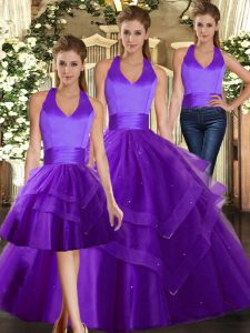 Stunning Halter Top Sleeveless Tulle Sweet 16 Dresses Ruffles Lace Up