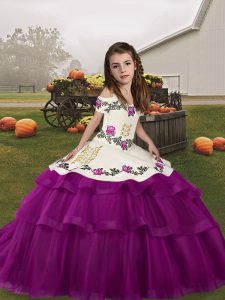 Customized Purple Ball Gowns Straps Sleeveless Tulle Floor Length Lace Up Embroidery and Ruffled Layers Little Girls Pageant Gowns