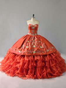 Orange Red Ball Gowns Satin and Organza Sweetheart Sleeveless Embroidery and Ruffles Floor Length Lace Up Quinceanera Gown