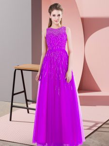 Empire Prom Gown Purple Scoop Tulle Sleeveless Floor Length Side Zipper