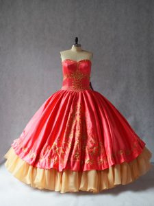 Glamorous Coral Red Sleeveless Floor Length Embroidery Lace Up Sweet 16 Quinceanera Dress