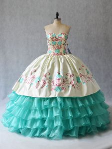 Aqua Blue Satin and Organza Lace Up Ball Gown Prom Dress Sleeveless Floor Length Embroidery and Ruffled Layers