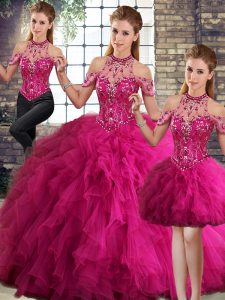 Shining Fuchsia Lace Up Sweet 16 Dresses Beading and Ruffles Sleeveless Floor Length