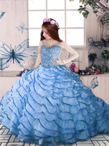 Blue Organza Lace Up Straps Sleeveless Floor Length Pageant Dress Toddler Court Train Beading and Ruffled Layers