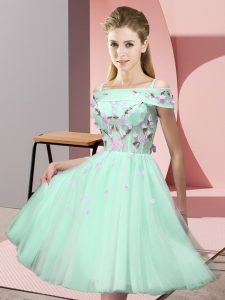 Knee Length Empire Short Sleeves Apple Green Bridesmaid Dresses Lace Up