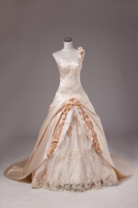 Superior One Shoulder Sleeveless Satin Quince Ball Gowns Embroidery and Hand Made Flower Brush Train Lace Up