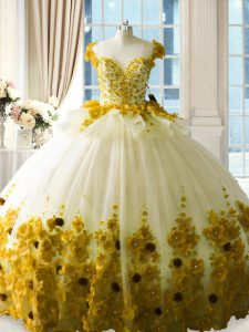 Sleeveless Hand Made Flower Zipper Quinceanera Gowns with Olive Green Brush Train