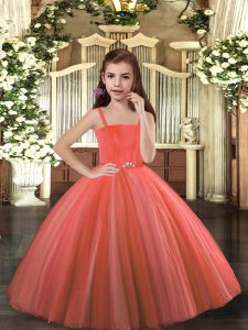 Fancy Rust Red Ball Gowns Beading Kids Formal Wear Lace Up Tulle Sleeveless Floor Length