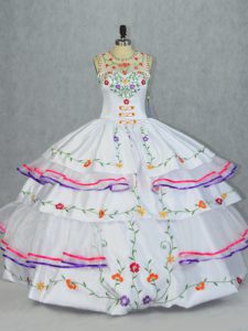 White Sleeveless Embroidery and Ruffled Layers Floor Length Sweet 16 Quinceanera Dress