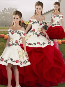 Top Selling Floor Length White And Red Sweet 16 Dress Tulle Sleeveless Embroidery and Ruffles