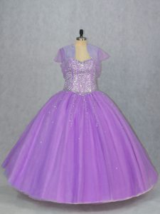 Sleeveless Tulle Floor Length Lace Up Ball Gown Prom Dress in Lavender with Beading
