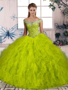 Best Olive Green Off The Shoulder Lace Up Beading and Ruffles 15 Quinceanera Dress Brush Train Sleeveless