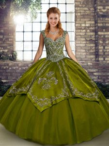 Custom Made Olive Green Tulle Lace Up Straps Sleeveless Floor Length Sweet 16 Dress Beading and Embroidery