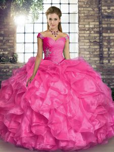 Hot Pink Sleeveless Beading and Ruffles Floor Length Ball Gown Prom Dress