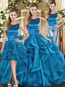 Fine Floor Length Lace Up Quinceanera Dresses Teal for Military Ball and Sweet 16 and Quinceanera with Ruffles