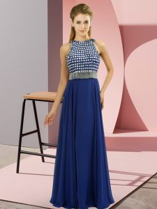 Colorful Scoop Sleeveless Prom Gown Floor Length Beading Blue Organza