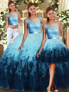 Fashion Multi-color Three Pieces Scoop Sleeveless Tulle Floor Length Lace Up Lace and Ruffles 15 Quinceanera Dress