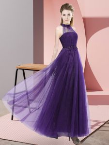 New Style Sleeveless Floor Length Beading and Appliques Lace Up Quinceanera Court of Honor Dress with Purple