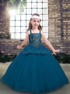 Latest Blue Ball Gowns Tulle Straps Sleeveless Beading Floor Length Lace Up Child Pageant Dress