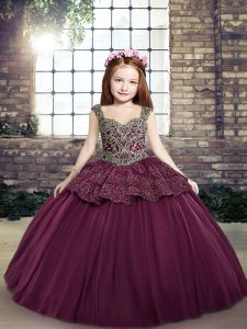 Beading and Appliques Little Girl Pageant Dress Purple Lace Up Sleeveless Floor Length