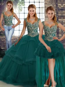 Dazzling Peacock Green Three Pieces Beading and Ruffles Sweet 16 Dress Lace Up Tulle Sleeveless Floor Length