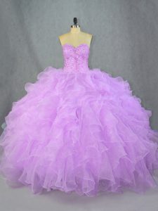 Lavender Sleeveless Floor Length Beading and Ruffles Lace Up Quince Ball Gowns