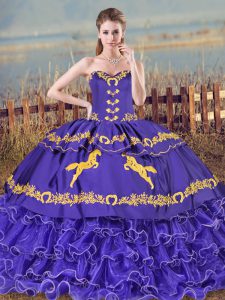 Sleeveless Organza Brush Train Lace Up 15th Birthday Dress in Purple with Embroidery and Ruffled Layers