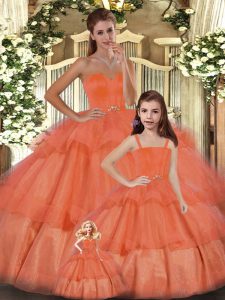 Orange Organza Lace Up Sweetheart Sleeveless Floor Length 15 Quinceanera Dress Ruffled Layers