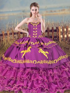 Shining Sleeveless Embroidery and Ruffles Lace Up Quinceanera Dresses with Purple Brush Train