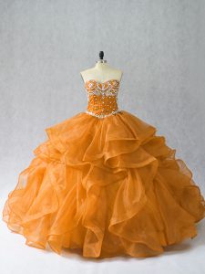 Floor Length Lace Up Quinceanera Dress Orange for Sweet 16 and Quinceanera with Beading and Ruffles