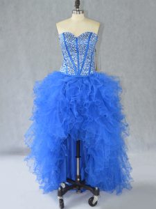 Blue A-line Organza Sweetheart Sleeveless Beading and Ruffles High Low Lace Up Prom Evening Gown