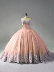 Graceful Peach Quince Ball Gowns Sweet 16 and Quinceanera with Beading and Appliques Sweetheart Sleeveless Court Train Lace Up