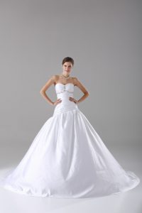 Fine White Lace Up Wedding Dress Beading Sleeveless Brush Train