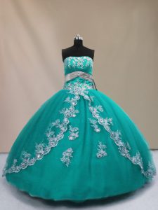 Turquoise Ball Gowns Tulle Strapless Sleeveless Appliques Floor Length Lace Up Ball Gown Prom Dress